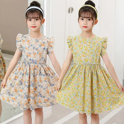 

New Designs Kids Dress Summer Light Breathable Floral Dress Casual Short Sleeve Cotton Dress For Girls, Picture shows