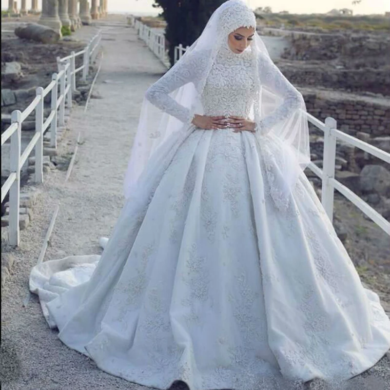 

Hot Sale Hijab Muslim Wedding Dress Long Sleeves Lace Appliqued Satin Islamic Bridal Gowns, White, accept custom color