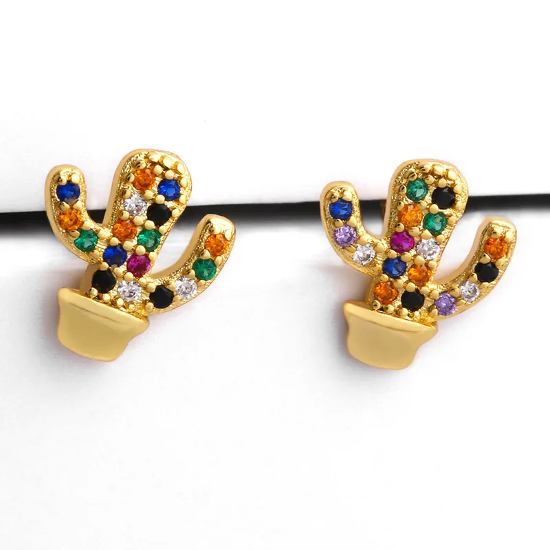 Popular 18k gold plated cz charm earrings colorful cactus eye rainbow jewelry earrings for women