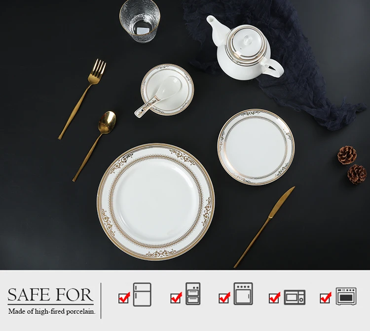 Fine Bone China Dinnerware Dinner Set With Embossed Gold Decal Dinnerware