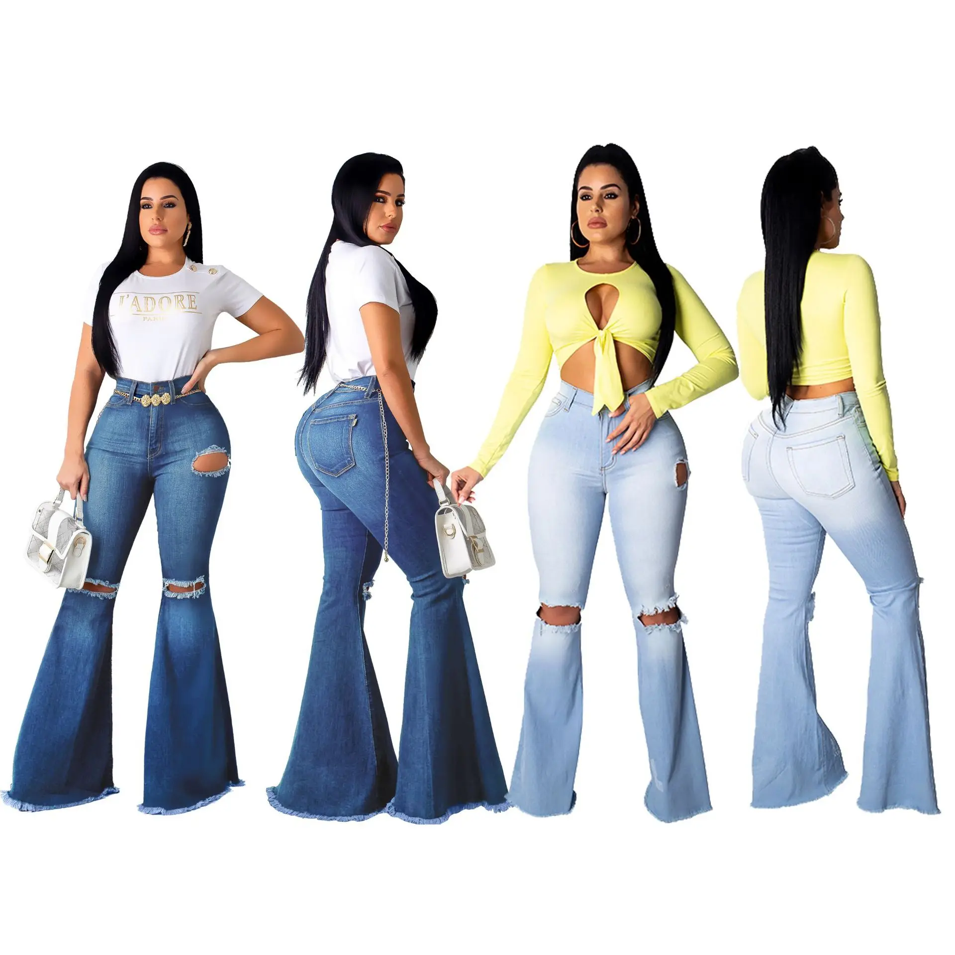 

Factory direct sales high quality fashion loose slim destroyed distressed high waist baggy bell bottom demin pants women jeans, Light blue/ dark blue