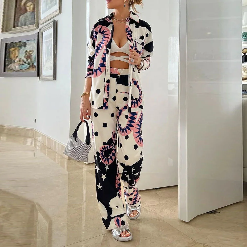 

New Women's Large Size Temperament Printed Long Sleeve Single breasted Shirt High Waist Wide Leg Trouser S