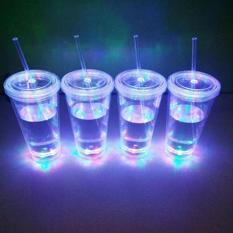 

BSCI Multi color LED Double Wall Tumbler with lid straw 16oz 500mL Party Bar illuminating flash drinkware Light Up LED mug Cups
