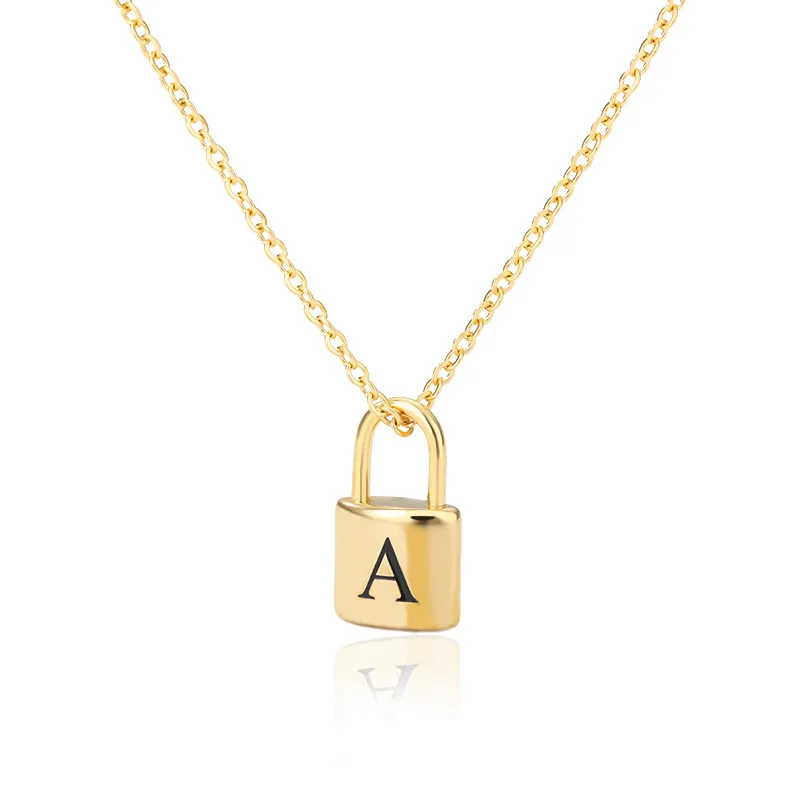 

2021 New Unisex Stainless Steel A-Z Initial Letter w Lock Pendant Necklace Gold Chain Custom Name Alphabet Chain Necklace