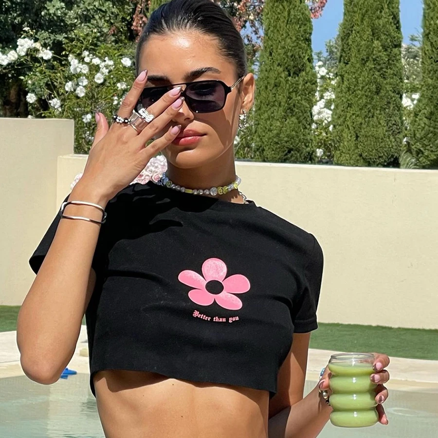 

Nibber K21T01867 Newest Casual Short Sleeve y2k Print Ultrashort Tees 2021 Cotton T Shirt For Women, Customized color