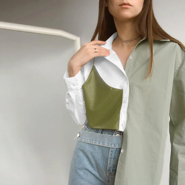 

Spring Summer Newest Design Pu Leather Patchwork Green White Shirt 100% Cotton Office Lady Long Sleeve Ladies Blouse, Colorful