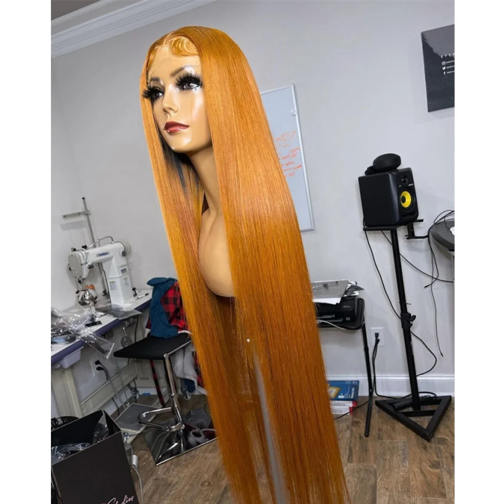 

34 Inches Long Silky Straight Orange Color Virgin Brazilian Human Hair Lace Front Wigs