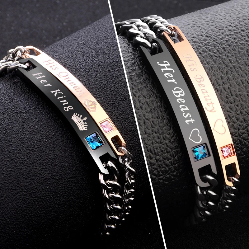 

2 Style His Queen Her King Black Rose Gold Color Women's Male Chain Crystal Couple Bracelet for Men on Hands Jewelry Bracelet, Picture shows