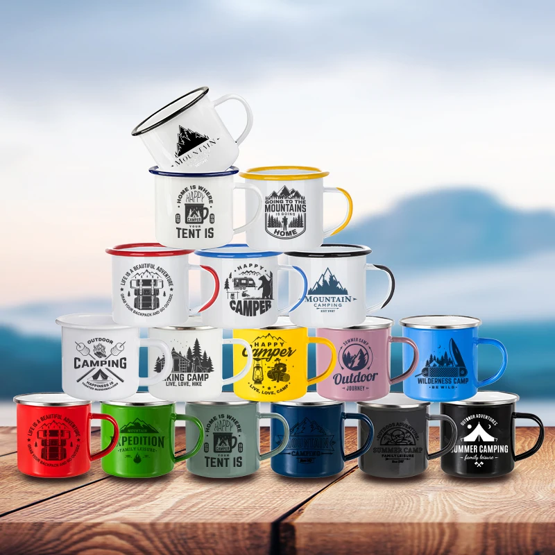 

PYD Life RTS Color 12oz Camping Outdoor Sublimation Coffee Mug Sublimation Custom Christmas Mug Enamel Camping Mug with Logo, 10 colors
