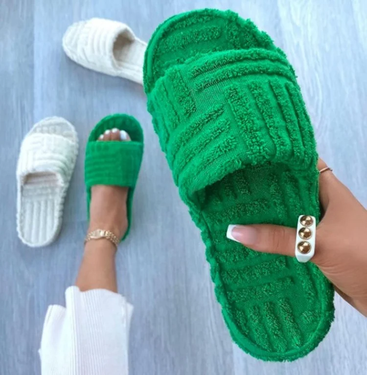 

2022 New Arrival Green Terry Towel Platform Slider Sandals for Women Ladies Open Toe Fur Home House Outside Furry Slippers, Green,beige,orange
