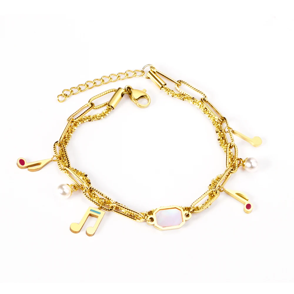 

New OEM ODM Gold Plated Stainless Steel Double Chains Music Charms Bracelet, Gold/silver available
