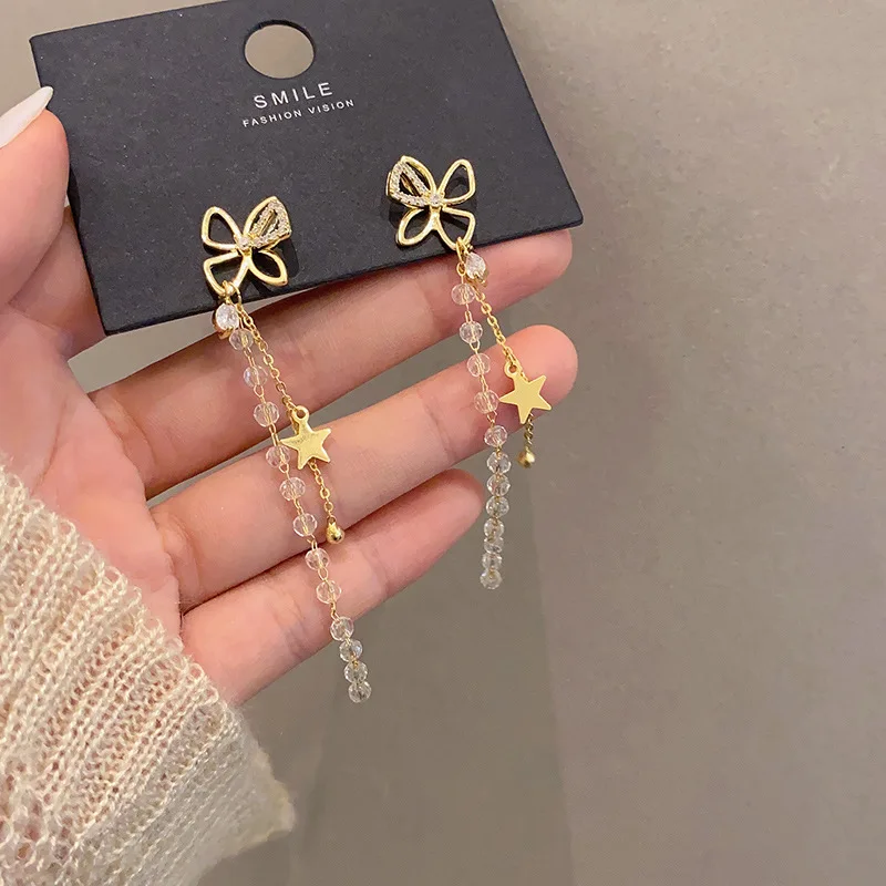 

JUHU 2021 Temperament Long Tassel Butterfly Silver Earrings Fashion Personality New Star Earrings Women