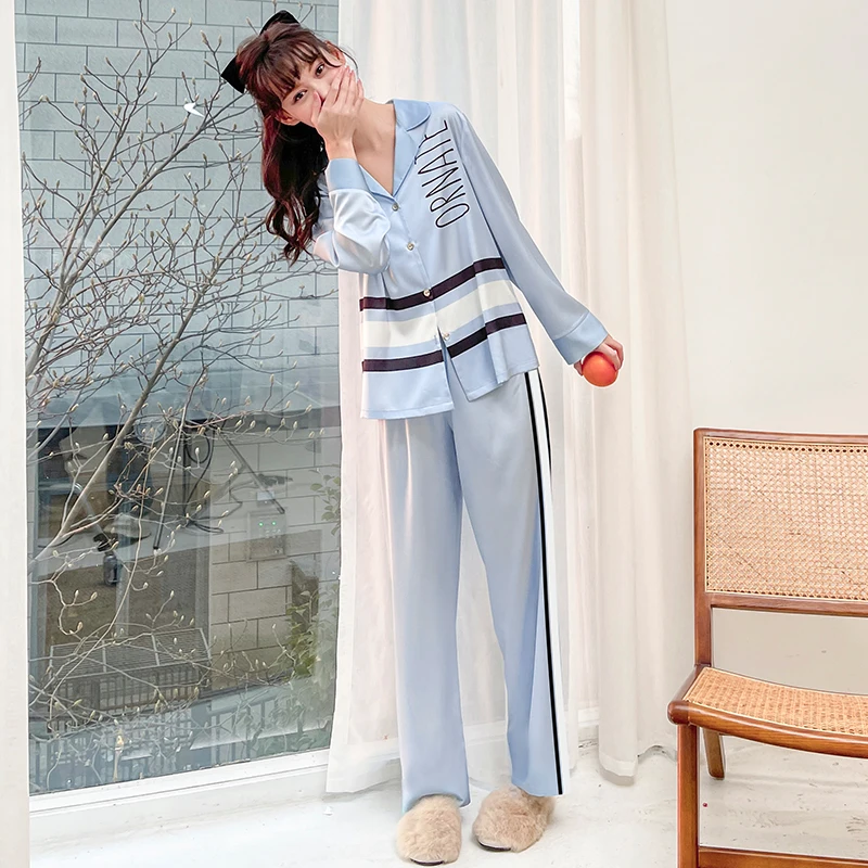 

2021 summer Long Sleeve Letters Light Blue Black and White Striped pajamas