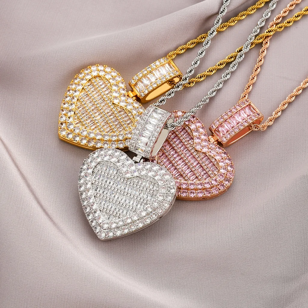 

Hip Hop Jewelry Personalized Custom Memory Photo Pendants Iced Out Diamond Heart Picture Frame Locket Pendant Necklace For Women, Silver, gold, rose gold