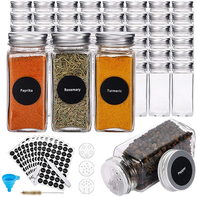 

Square Spice Jar Glass Storage Container Seasoning Bottles 4 Oz Spice Glass Jar With Shaker Labels