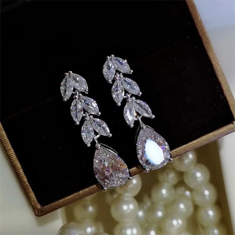 

High end luxury women's jewelry brass silver plated inlay shiny AAA zirconia leaf shaped drop earrings for wedding