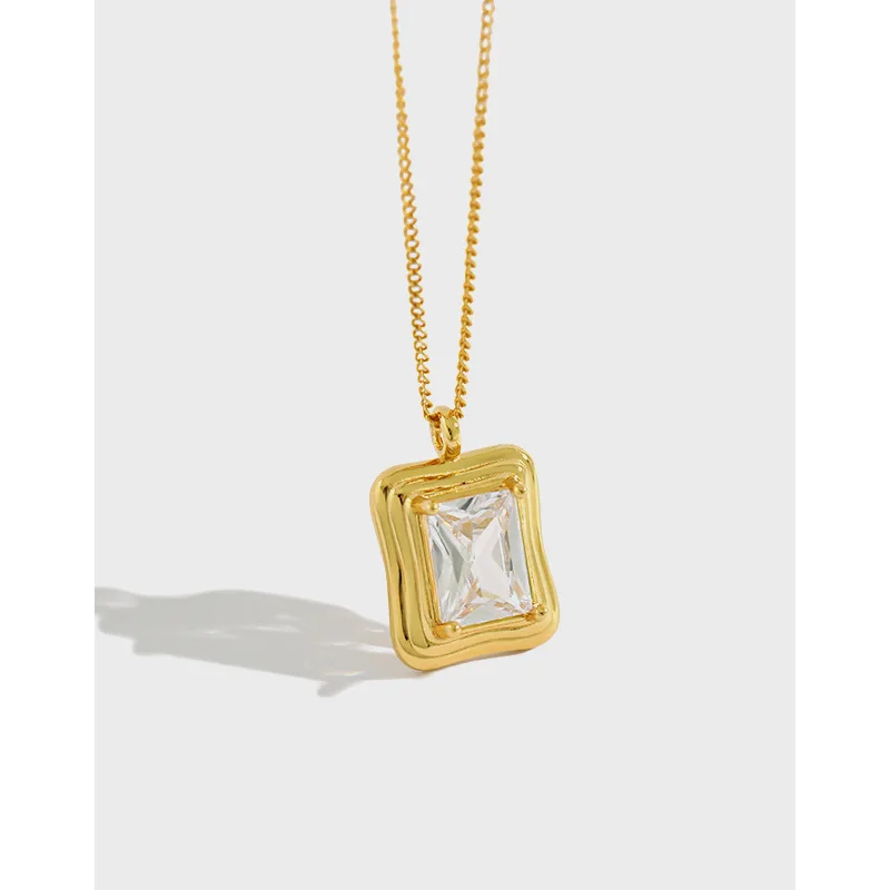 

Women Elegant 925 Silver Custom Jewelry Manufacturer 18K Diamond Square Zircon Pendant Necklace, Silver,gold