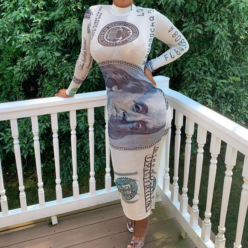 

KBL072744 Casual Mesh High Collar Letter Money Print Long Sleeves sexy Women dress