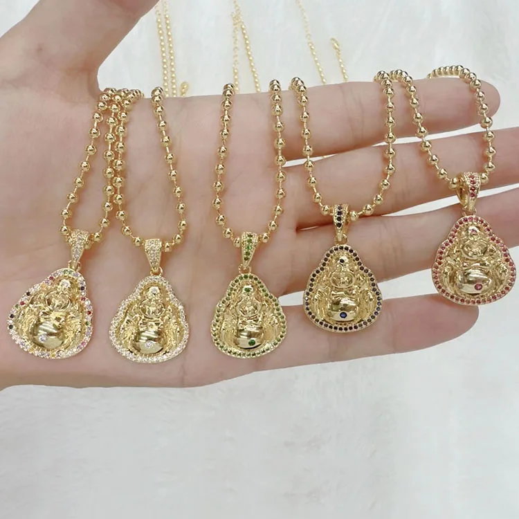 NZ1460  2023 New 18k Gold Plated CZ Micro Pave Buddha Pendant Ball Chain Necklace