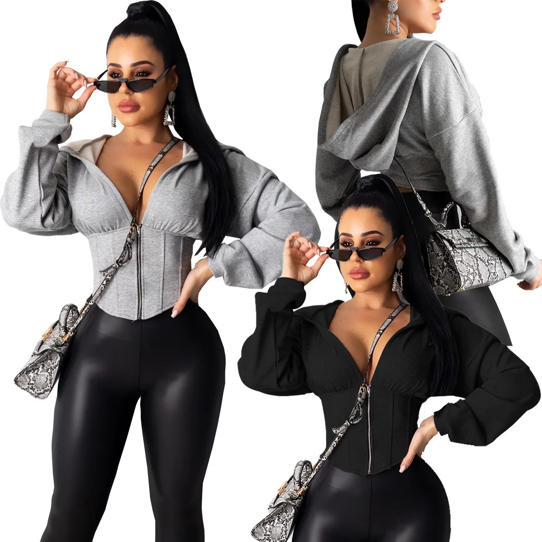 

boutique fashion ladies long sleeve crop top hoodie womens tunic