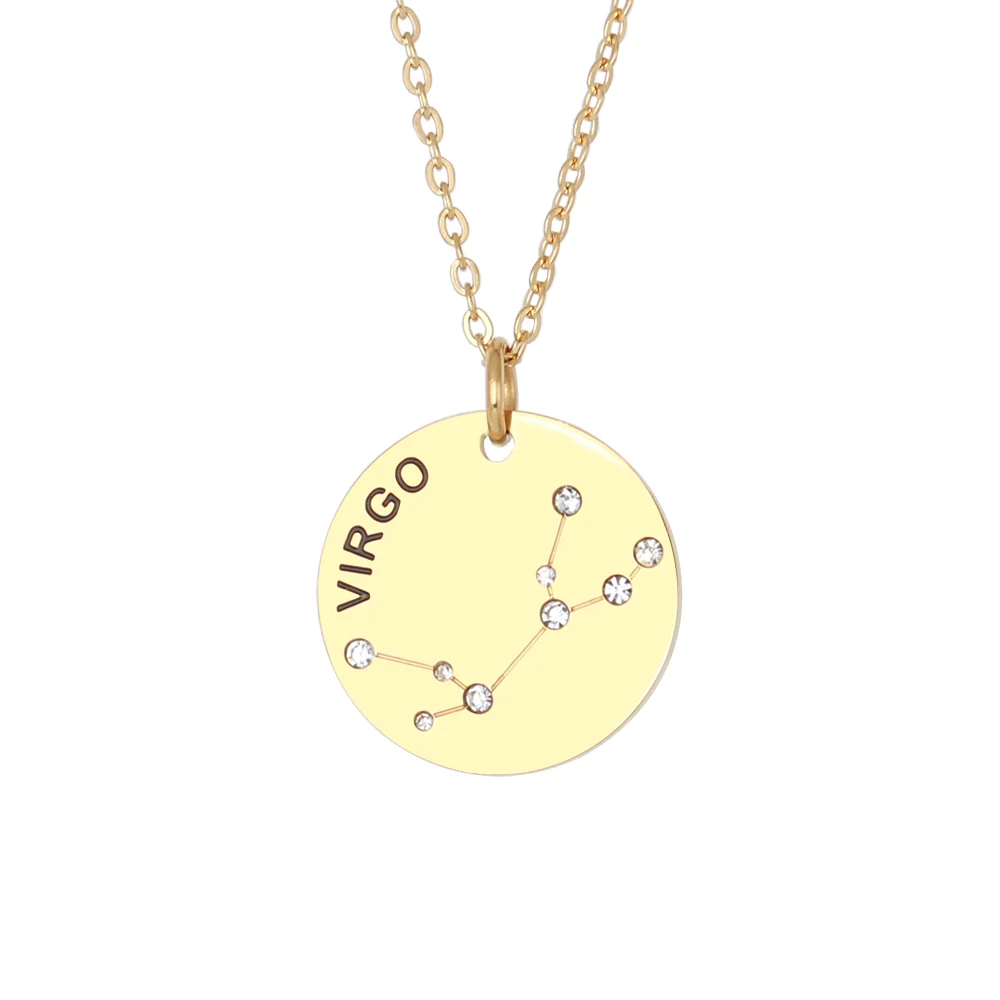 

Non Tarnish Jewelry Custom Trendy Horoscope Astrology Charm Necklace Collar Round Stainless Steel Gold 12 Zodiac Sign Necklace