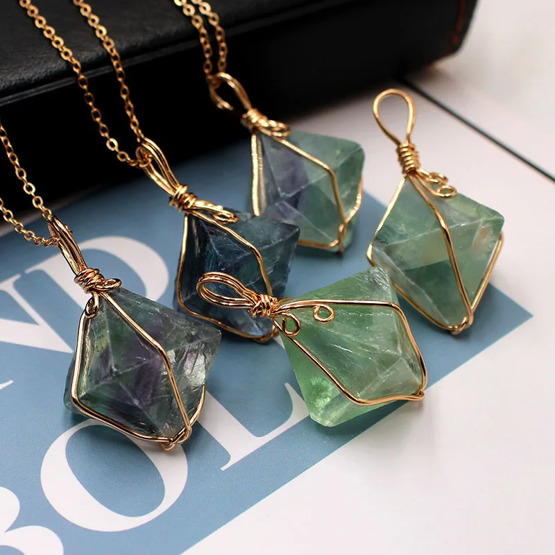 

Handmade jewelry natural color fluorite winding octahedron pendant DIY necklace 30-45*20-35mm, As a pic