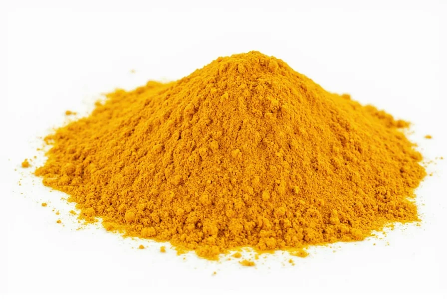 Close-up of vibrant yellow turmeric powder in a spice jar with measuring spoon