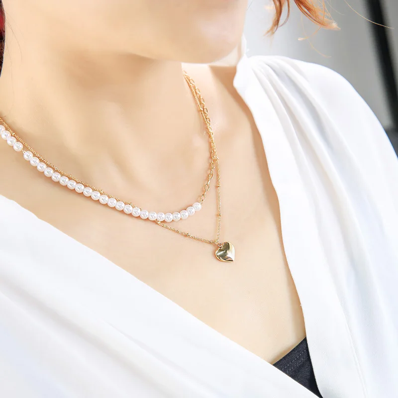 

X0214 2021 Jewelry Wholesale Heart Charm Pendant 18K Gold Plated Necklace Chain Contrast Dainty Collar De Mujer Joyas Perla