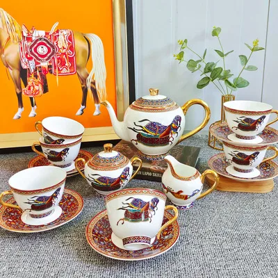 

Wholesale Luxury Royal Personage Pattern Home Decors Ceramic Gold Handle Coffee Tea Set