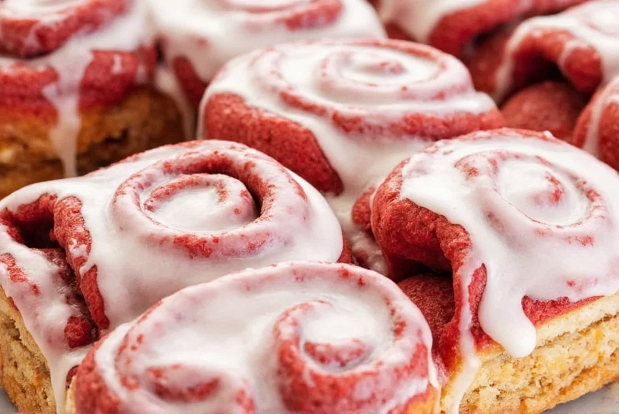 Finished red velvet cinnamon rolls with cream cheese frosting drizzled on top