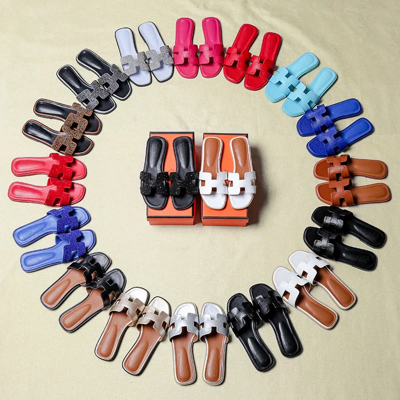 

Ladies Sandals Shoes Flat Diamond Designer Hot Selling Slipper Pu Leather Women Beach Sandals Outdoor Hot One Thong Slides Shoes