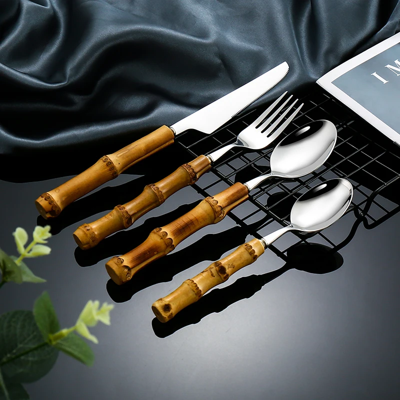 

Reusable Bamboo Handle Cutlery Set Stainless Steel Silverware Set Flatware Spoons And Fork Stainless