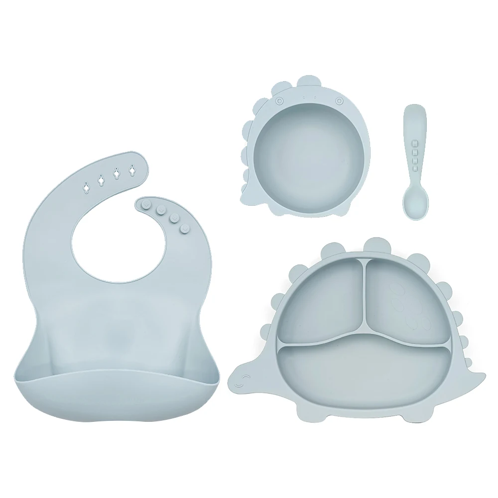 

SET7408SV Baby Feeding Set Silicone Bowl With Bib Spoon Food Grade Bebe Non-silp Suction Plate In Stock