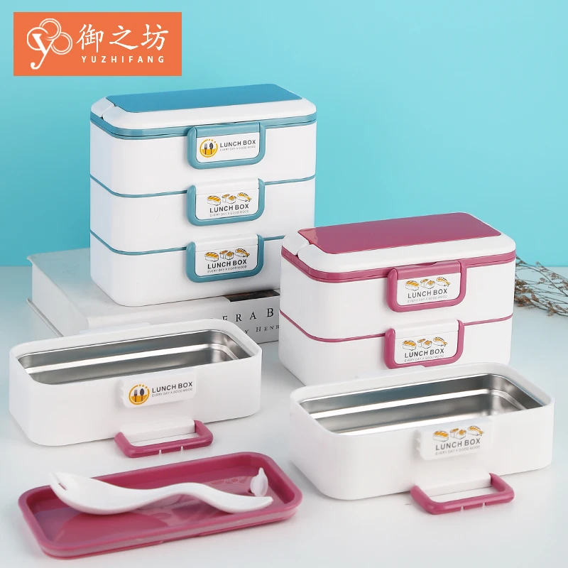 

High Quality leakproof bento Stainless Steel Food Storage Container 3 layer Lunch Box With Bag & Cutlery, Blue/grey/red