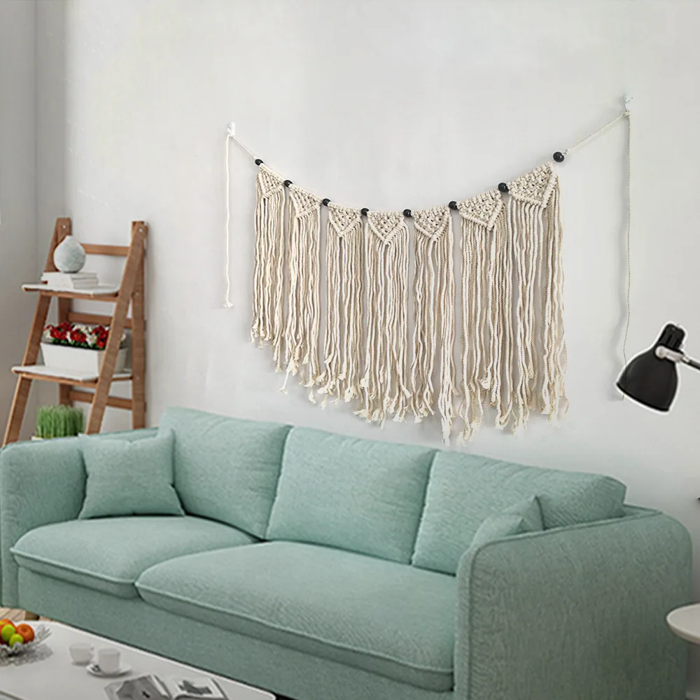 

Wholesale Beige Friendly Cotton Hand-woven Tassel Wall Decorative Macrame Tapestry