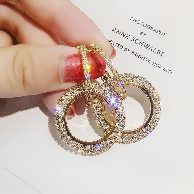 

CAOSHI 2021 Fashion Gold Jewelry Plated Aretes Elegant Diamond Drop Earring Double Hoop Circle Rhinestone Earrings for Women