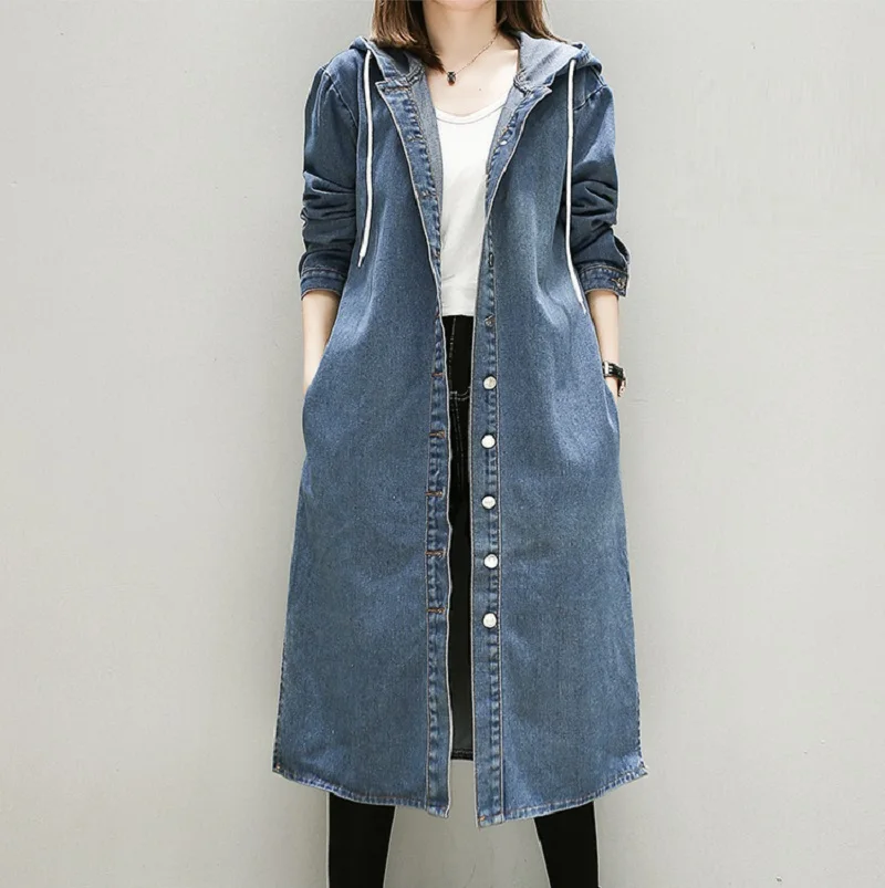 

Women Plus Size Coat Lady Long Casual Jeans Coat Ladies Hooded Denim Trench Coat, Denim blue