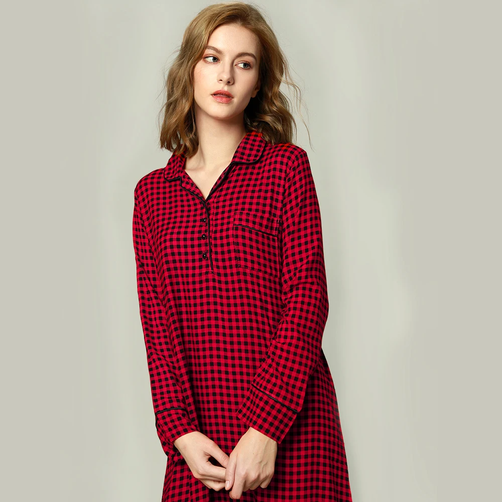 

100% rayon red plaid midi sleep clothing night dress gown bulk women girls ladies pjs vestidos de noche button pajama sleepwear, Red plaid, gray floral