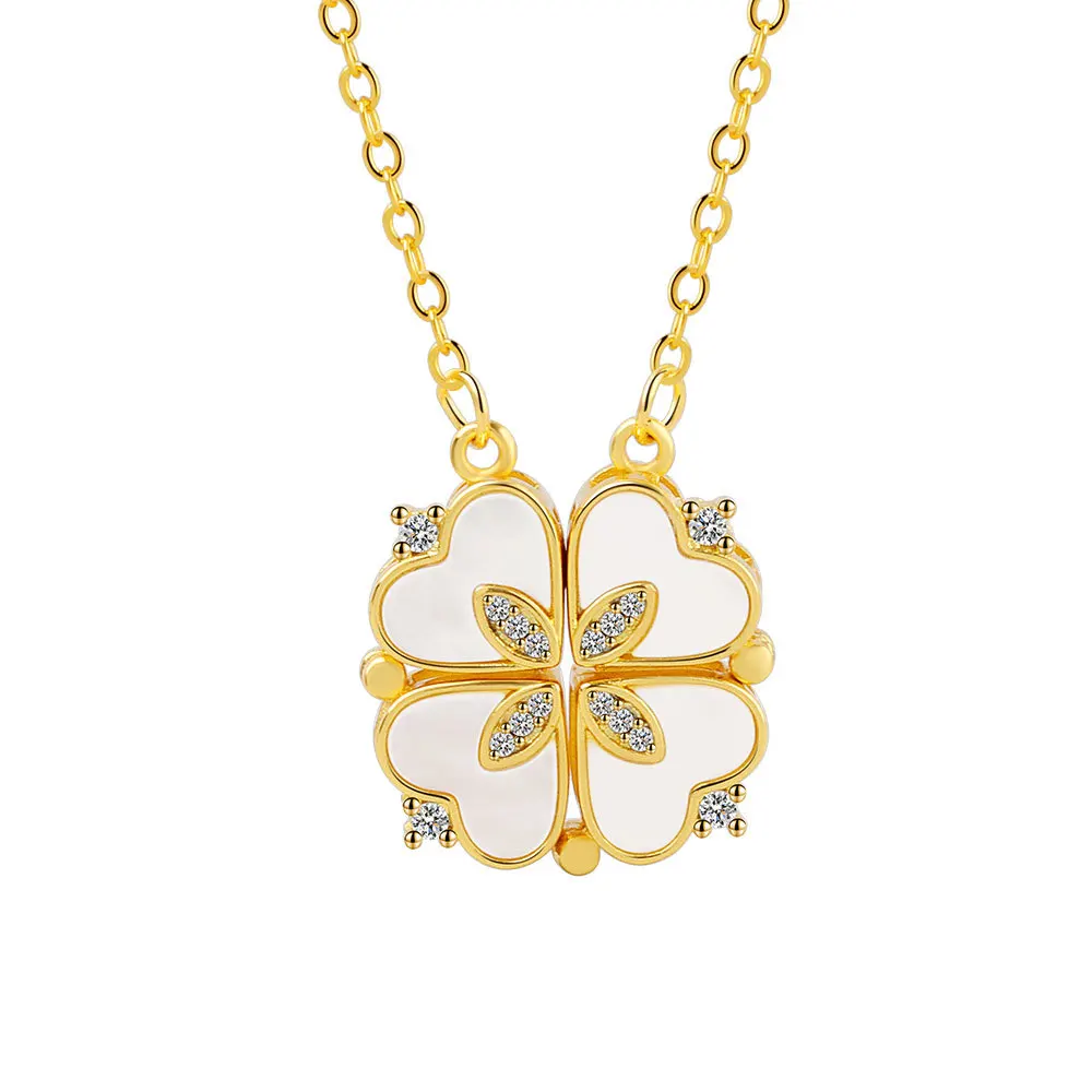 

Mother of Pearl 925 Sterling Silver 18K Gold Plated Magnetic 4 Heart Shaped Four Leaf Clover Necklace for Women