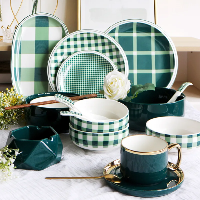 

Nordic Creative Dark Green Checkered Dinner Plate Oval Fish Plate Ceramic Dinner Plate Set