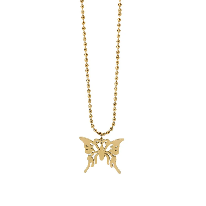 

14K Gold Plated Stainless Steel Round Bead Necklace Fashion Hollow Metal Butterfly Pendant Necklace Women Party Jewelry 2021, Gold color