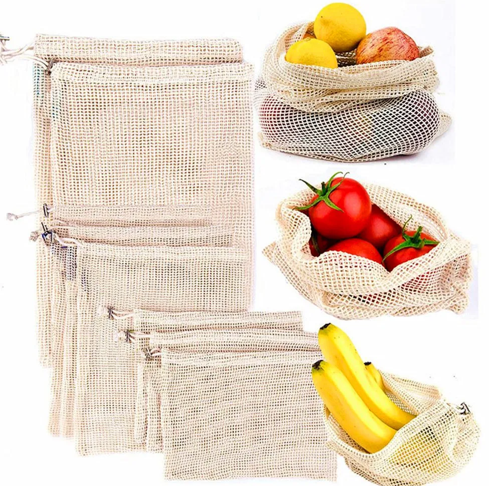 

eco friendly Reusable fruit vegetable organic cotton mesh bags reusablemesh cotton bag cotton mesh bag for fruits and vegetable, Natural