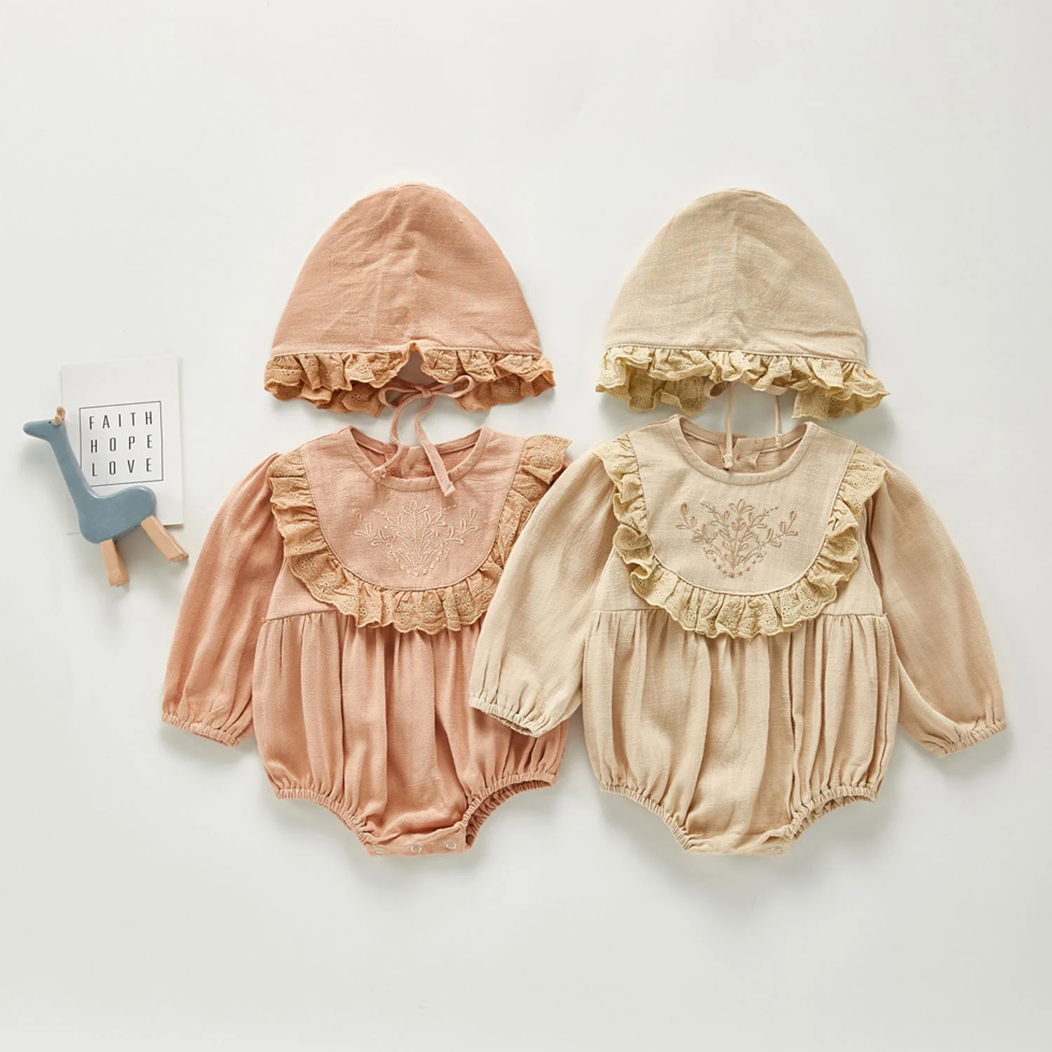 

Toddler boutique ruffles embroidered long sleeve linen romper baby girl's clothes, As picture showing