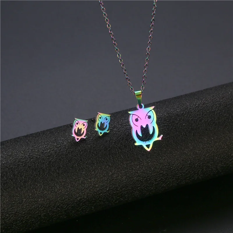 

Wholesale stainless steel Colorful Owl Necklace and Earrings jewelry Set for women