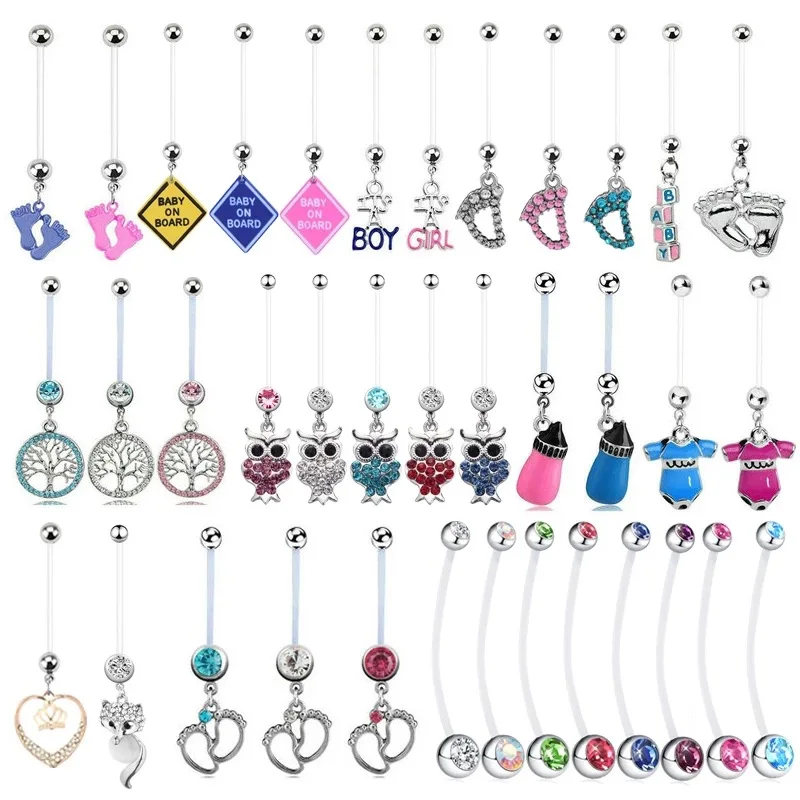 

YICAI Owl Baby Building Blocks Dangle 14g Bioflex Maternity Pregnancy Pregnant Soft Navel Ring Piercing, Silver