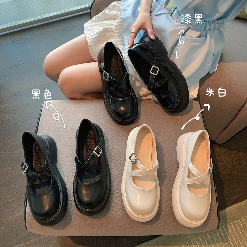 

113046 Brand shoes Japanese style girl summer autumn fashion simple pumps cross strap buckle platform sole single shoe for women