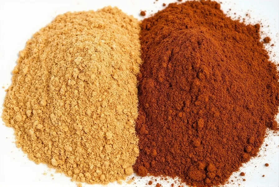 Close-up of Ceylon cinnamon powder versus Cassia cinnamon powder showing the lighter color of Ceylon compared to the darker Cassia