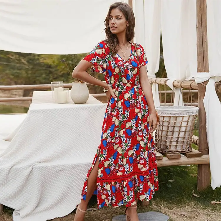 

2019 New Boho Style Long Dress Women Beach Summer Dresses Floral Print Vintage Chiffon Dress, Picture color