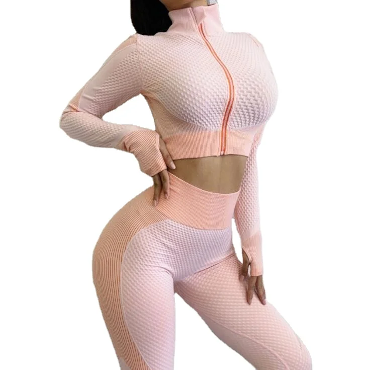 

2021 Wholesale Fitness Clothing Elastic Long Sleeves 2 Pieces Seamless Jacket Work Out Apparel Women, Six colors for choose