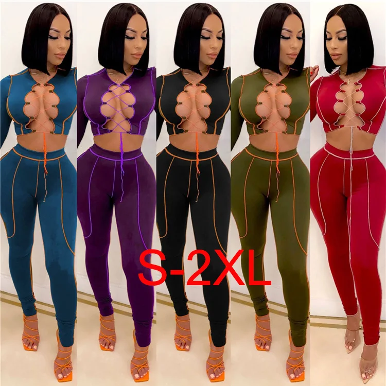 

Fall 2021 Fashion Trendy Sets Womens Clothing Crop Top Two Piece Set Clothes Long Sleeve 2 Piece Pants Set, Customized color